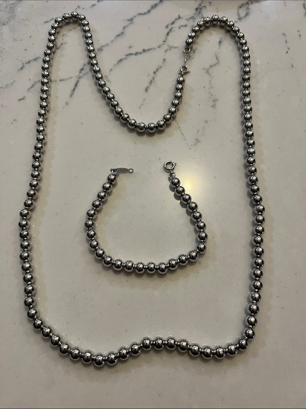 Napier Designer Long Silver  Beaded Necklace and Bracelet Set EUC 30 in and 7 in
